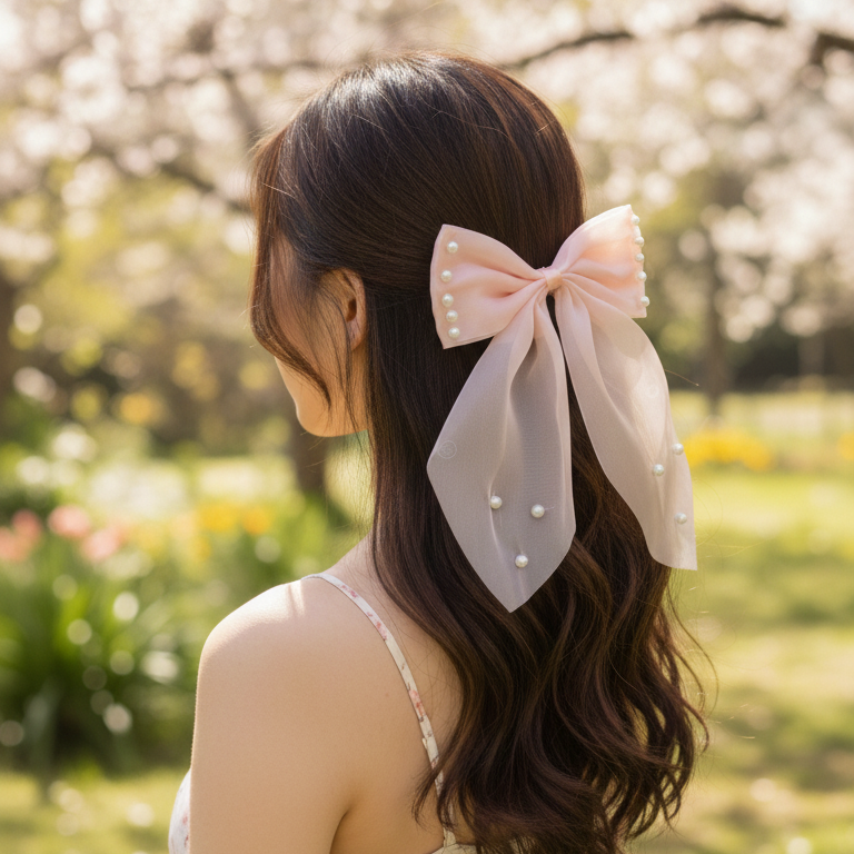 Pearl-Embellished Satin Bow Hair Clip