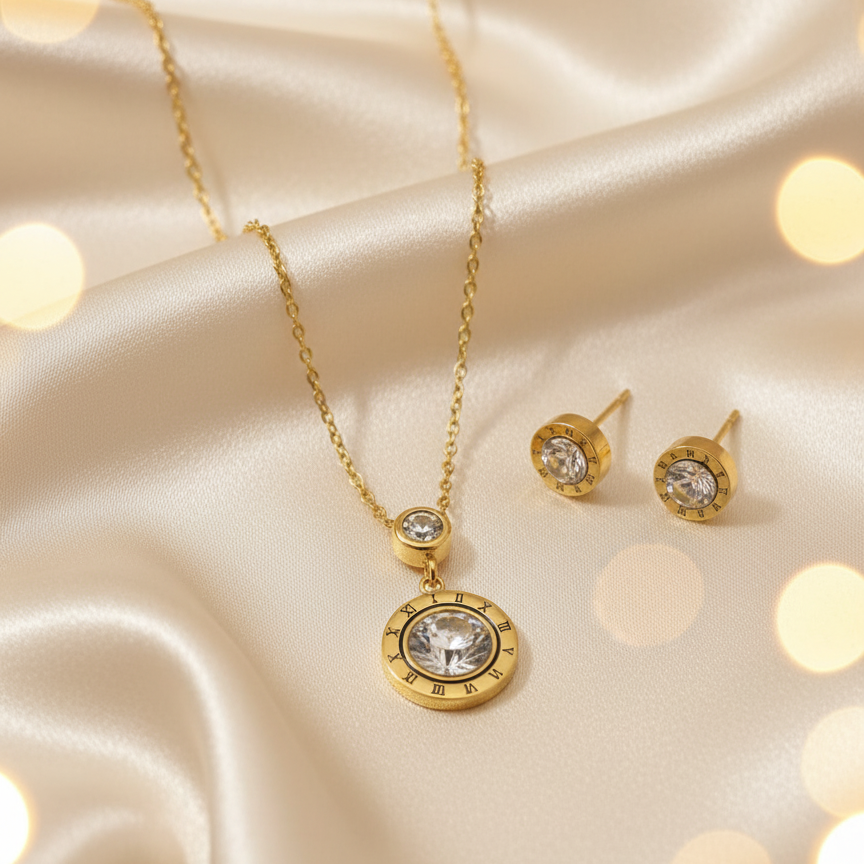 Roman Clock Pendant Necklace with Studs