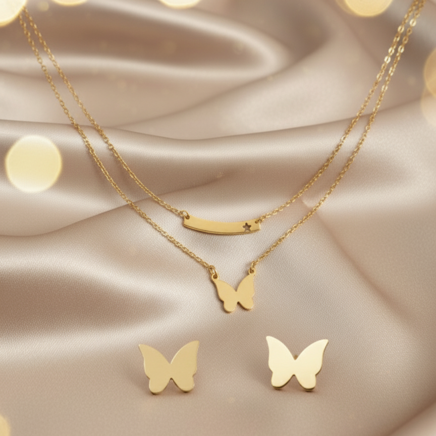 Butterfly Double Chain Necklace Set with Earrings - Artificial Jewellery in Pakistan