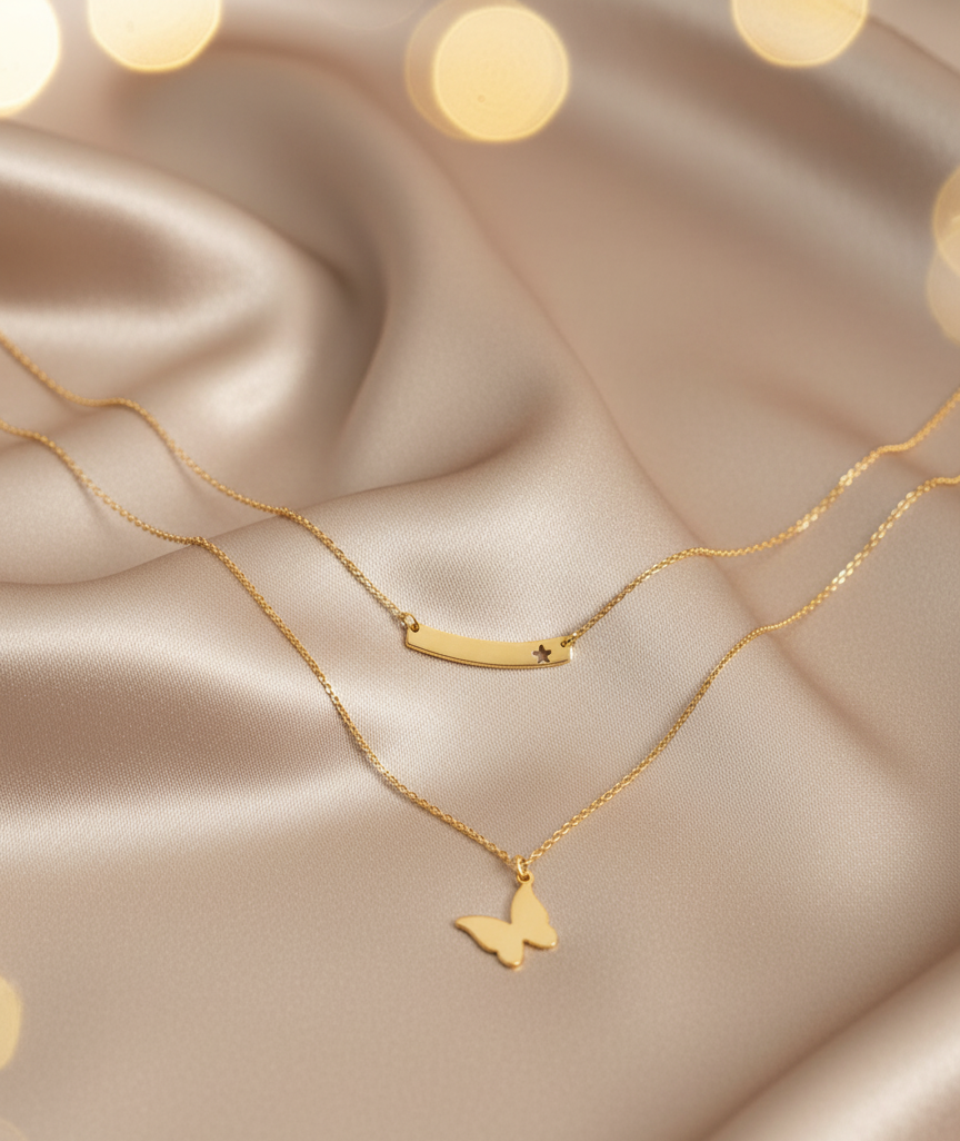 Butterfly Double Chain Necklace Set with Earrings - Artificial Jewellery in Pakistan
