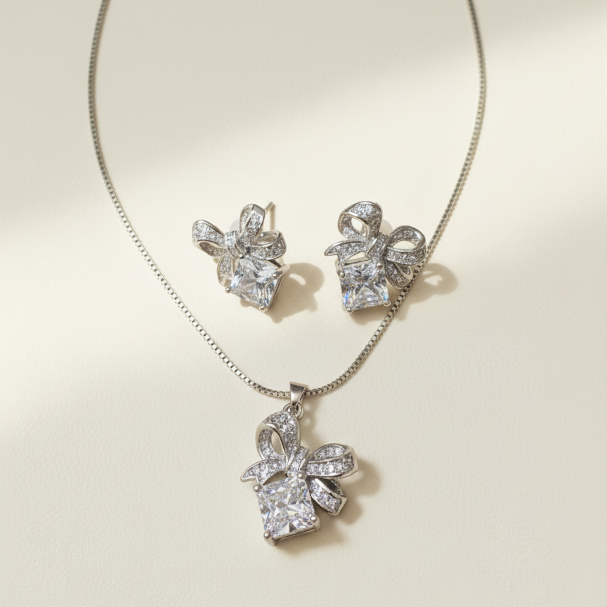 White Bow Necklace & Earring Set - Artificial Jewellery in Pakistan